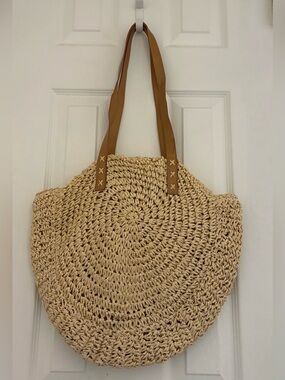 Large Woven Straw Tote Bag with Tan Handles
